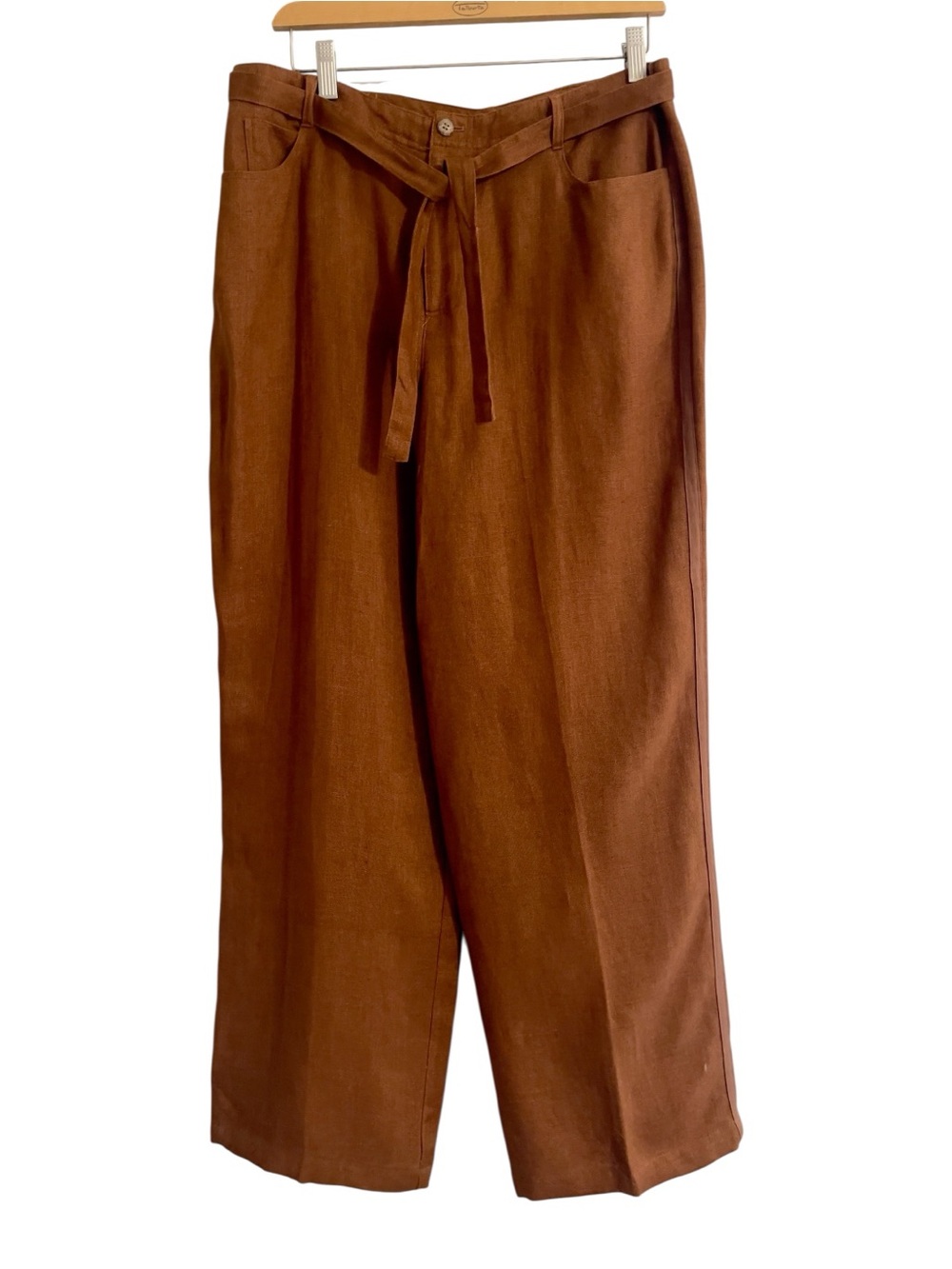 Jh Collectibles 100% Linen Pants 12 Brown Wide Leg Belted Lagenlook Boho Coastal